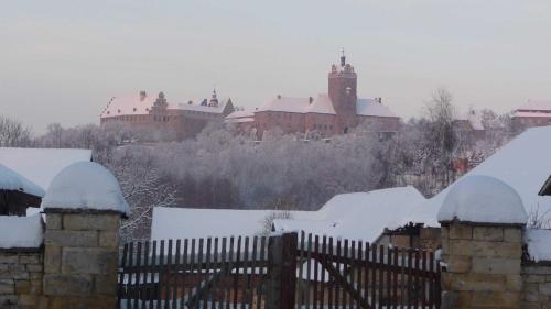 a town with a fence and snow covered roofs at Ferienwohnung DZ Blesse Allstedt in Allstedt
