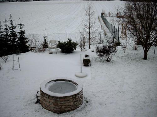 un patio cubierto de nieve con un perro sentado en la nieve en Ferienwohnung Thiele, en Wettelrode