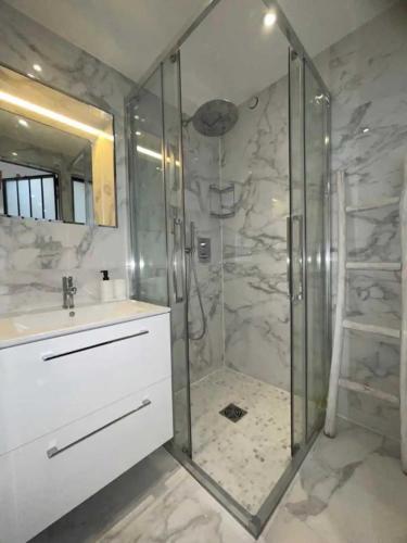 une salle de bain avec une douche avec un lavabo et un miroir dans l'établissement Amazing Studio - Palais Garnier, à Paris