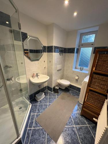 a bathroom with a sink and a shower and a toilet at Apartment BERNSTEIN ruhig, familienfreundlich mit Garten, Infrarot-Sauna in Rostock