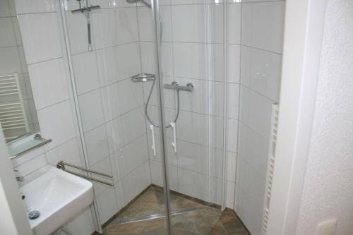 una ducha con una puerta de cristal junto a un lavabo en Liguster 42*, en Nieuwvliet