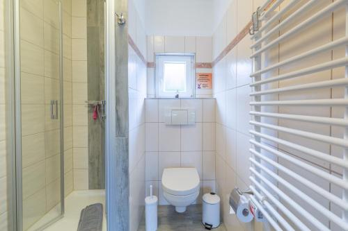 een kleine badkamer met een toilet en een douche bij OSTSEE-Ferienhaus RAMONA - am Strand & ruhig in Hohenkirchen