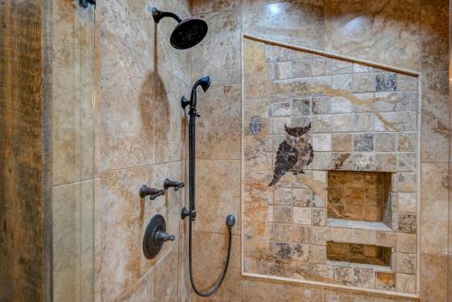 a bathroom with a shower with a cat on the wall at Rivers Edge at Eagles Nest in Banner Elk