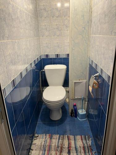 een blauwe betegelde badkamer met een toilet en een bad bij Malibui aygi in Jerevan