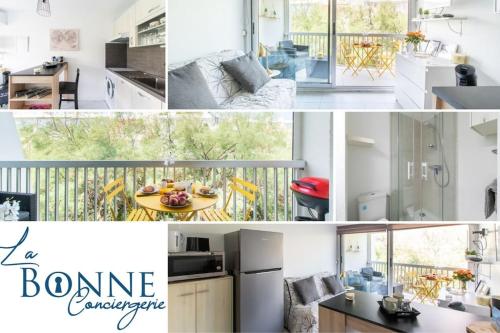 un collage de photos d'une cuisine et d'un surclassement de maison dans l'établissement Chemin de la Plage*Clim* Plage à 5 min * Terrasse, à La Grande Motte