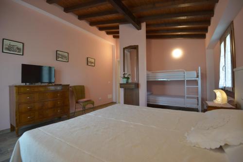 1 dormitorio con cama, TV y litera en Agriturismo le Orchidee di Corazza, en Picedo