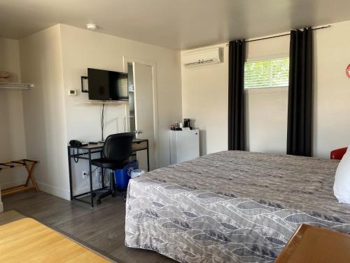 a bedroom with a bed and a desk and a television at Motel Centre-Ville in Montmagny