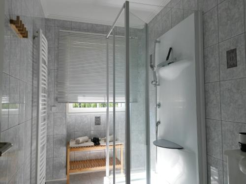 baño con ducha y puerta de cristal en Villa Schaller - Apartment en Krumpendorf am Wörthersee