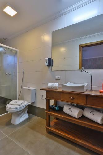 a bathroom with a toilet and a sink and a mirror at La Vita Pousada de Charme in Campos do Jordão
