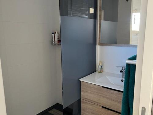 ein kleines Bad mit einem Waschbecken und einem Spiegel in der Unterkunft Appartement Cap d'Agde, 3 pièces, 4 personnes - FR-1-749-11 in Cap d'Agde