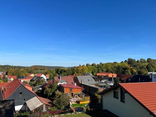 uma vista para uma cidade com casas e árvores em Ferienhaus Elgersburg em Elgersburg