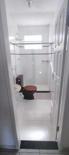 a bathroom with a toilet and a glass door at Casa e quintal exclusivo Meu Xodó- rota da ferradura em Guarapari- Praia e montanha- até 4 pessoas in Guarapari