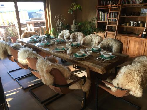 a group of teddy bears sitting around a wooden table at Green & Breakfast Chambre Satita in Niederpallen