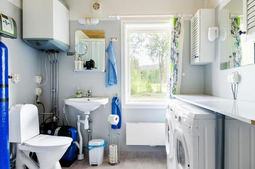 a bathroom with a sink and a toilet and a window at Cozy cottage on a large natural plot in lovely Harjedalen in Vemdalen