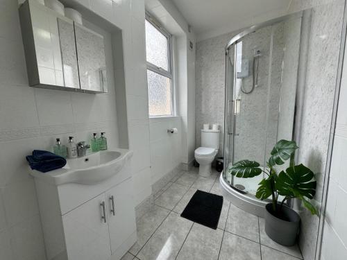 W łazience znajduje się umywalka, prysznic i toaleta. w obiekcie Space For Groups, 10 mins from centre with parking! w Cardiff