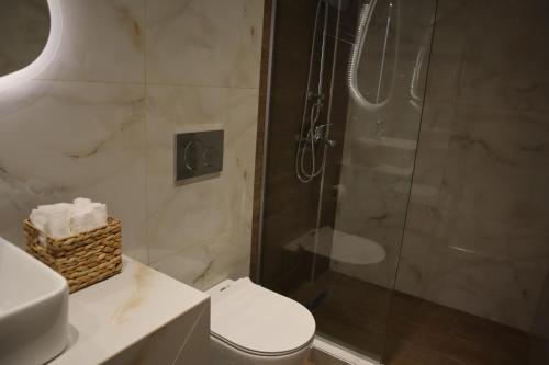 a bathroom with a shower and a toilet and a sink at Merelia Luxury Guesthouse in Haraki