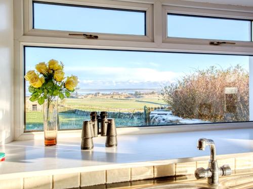 una finestra della cucina con lavandino e vaso di fiori di 3 bed property in Castletown CA416 a Castletown