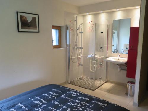 een badkamer met een douche, een bed en een wastafel bij Domaine du Mayne - La Ferme - Clévacances 3 clés in Blanquefort-sur-Briolance