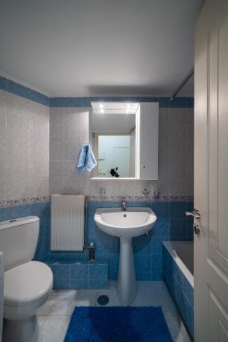 a bathroom with a sink and a toilet and a mirror at Delphian Colors - Blue Edition by Filos Inc in Delphi