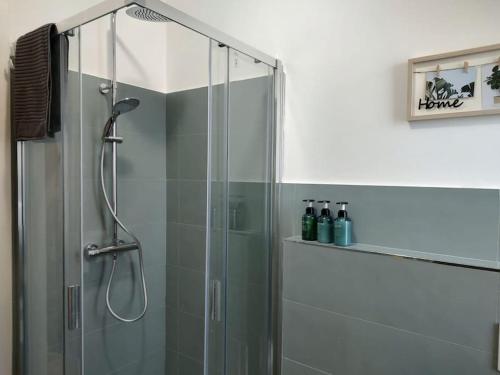 a shower stall with a glass door in a bathroom at Accogliente bilocale comodo per aeroporto e centro in Caselle Torinese