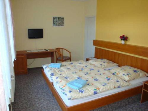 1 dormitorio con 1 cama y escritorio con ordenador en Ferienwohng u Zimmer Goldschmidt, en Wickerode