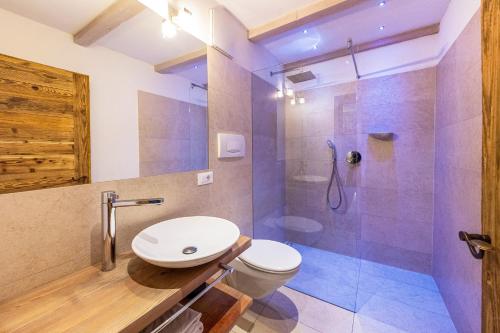 uma casa de banho com um WC e um chuveiro em Naturoase Stegerhof Apt Vergissmeinnicht em Trodena