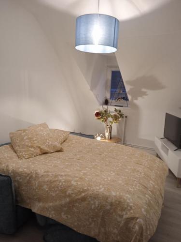 - une chambre avec un lit et une lampe bleue dans l'établissement La Mulhousienne F3 Centre ville, à Mulhouse