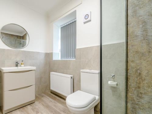 y baño con aseo, lavabo y espejo. en 2 bed property in Hamsterley 80005 en High Etherley