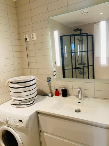 een badkamer met een wasmachine en een spiegel bij Leilighet ved Tønsberg Brygge in Tønsberg