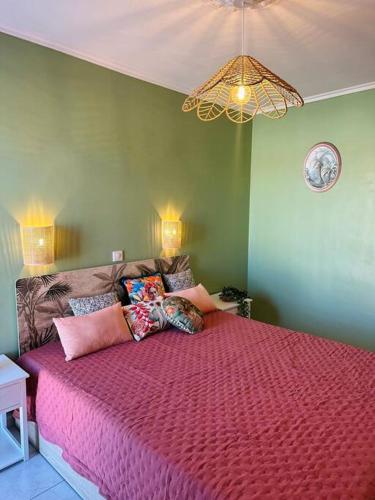 - une chambre avec un grand lit et une couette rose dans l'établissement Sète en couleurs ! T2 / vue canal / balnéo / Pkg, à Sète