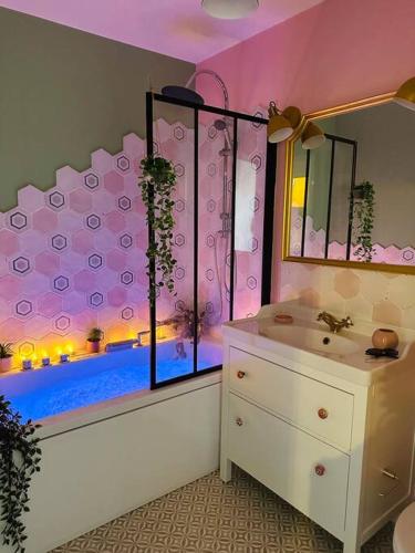 La salle de bains privative est pourvue d'un lavabo et d'une douche. dans l'établissement Sète en couleurs ! T2 / vue canal / balnéo / Pkg, à Sète