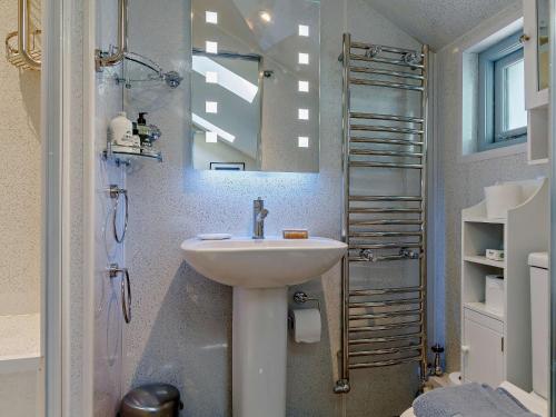 ein Bad mit einem Waschbecken, einem Spiegel und einer Dusche in der Unterkunft 1 Bed in Hay-on-Wye 81312 in Talgarth