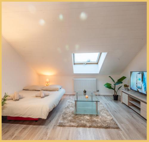 sypialnia na poddaszu z 2 łóżkami i telewizorem w obiekcie Studio / Chaleureux / Marignier w mieście Marignier