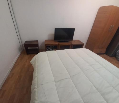 a bedroom with a bed and a desk with a television at Health & Wisdom in Antofagasta