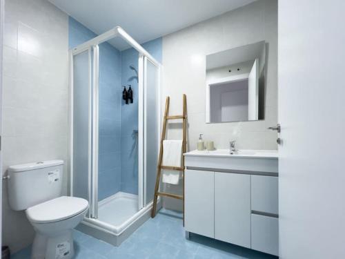 uma casa de banho com um WC, um chuveiro e um lavatório. em Apartamentos Gredos 202 em Jaraíz de la Vera