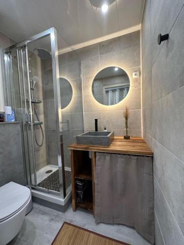 une salle de bain avec un lavabo, une douche et des toilettes dans l'établissement Village naturiste - Port-Vénus - Studio Le Vénus -, au Cap d'Agde
