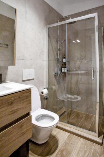 a bathroom with a shower and a toilet and a sink at Airbnb Kastoria - Bella Vista B in Kastoria