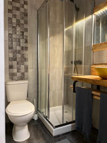 a bathroom with a toilet and a shower at The Pearl of Lisbon in Lisbon