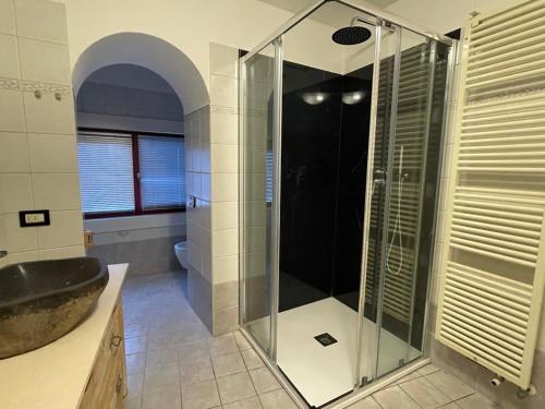 a bathroom with a glass shower and a sink at Appartamento Rio Duron in Campitello di Fassa