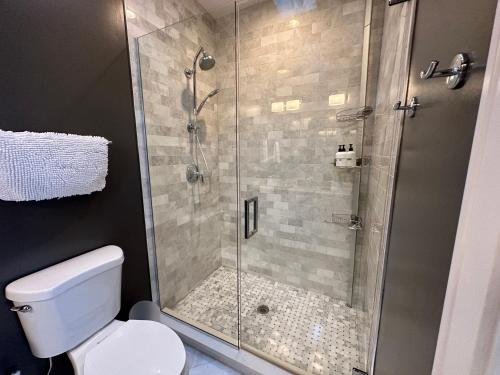 a bathroom with a glass shower with a toilet at Modern SFH Near McCormick Place & Soldier Field in Chicago