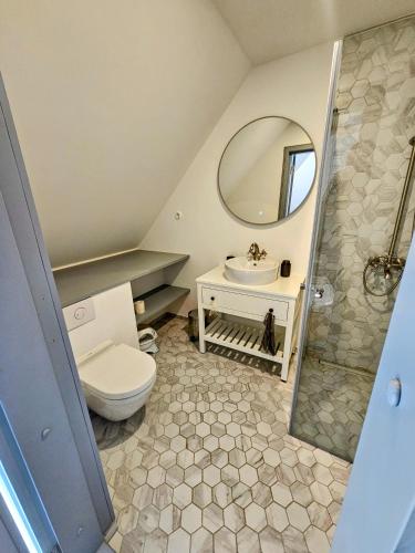 a bathroom with a toilet and a sink and a mirror at Puulaiu kõrts majutus in Nasva