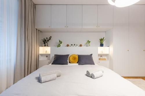ブラチスラヴァにあるLuxury Apartment on Wilsonova, close to City Centerの大きな白いベッドと枕が2つある寝室