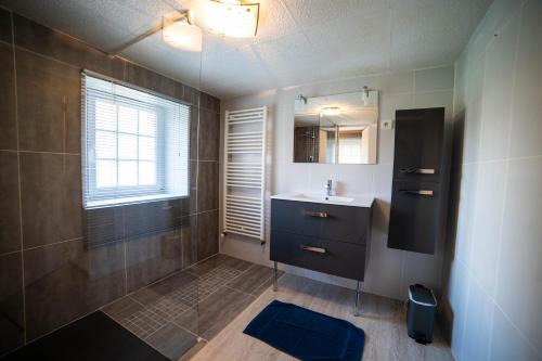a bathroom with a sink and a mirror at Ferme de la Tour in Saint-Pierre-Canivet