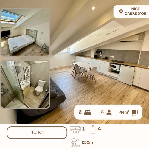 duas fotografias de uma cozinha e uma sala de estar em Appartement À Meyerbeer em Nice
