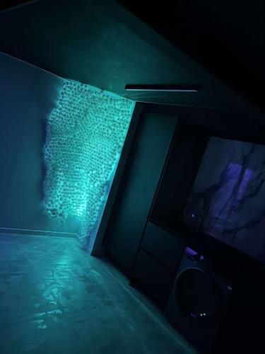 a dark room with a pool of water with a television at L'Oasis Étoilée in Chelles