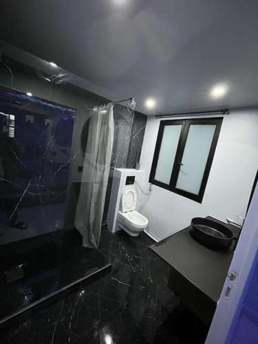 a bathroom with a toilet and a shower and a sink at L'Oasis Étoilée in Chelles