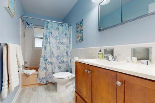 a bathroom with a sink and a toilet and a shower at Relax in Retro in Clearwater