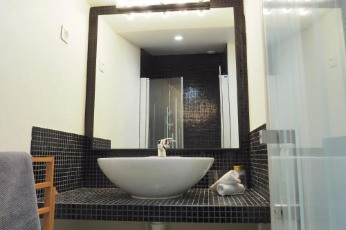 a bathroom with a sink and a large mirror at la Ferme de Vazerat in Massiac