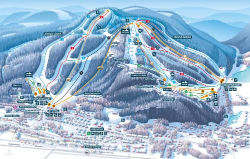 a map of the ski slopes of a ski resort at Fin lägenhet med bastu i Järvsö! in Järvsö