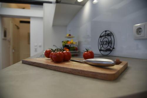 a knife and tomatoes on a cutting board on a counter at Penthouse mit Altstadtflair in Graz